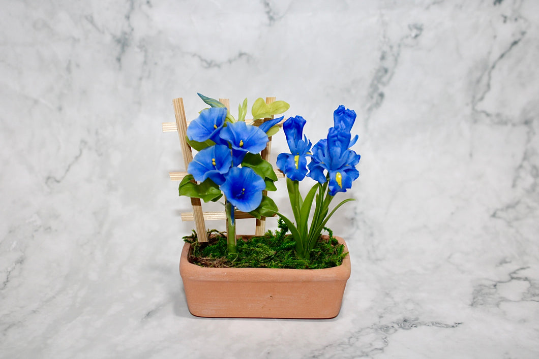 Double Flowers in Clay Pot (Blue)